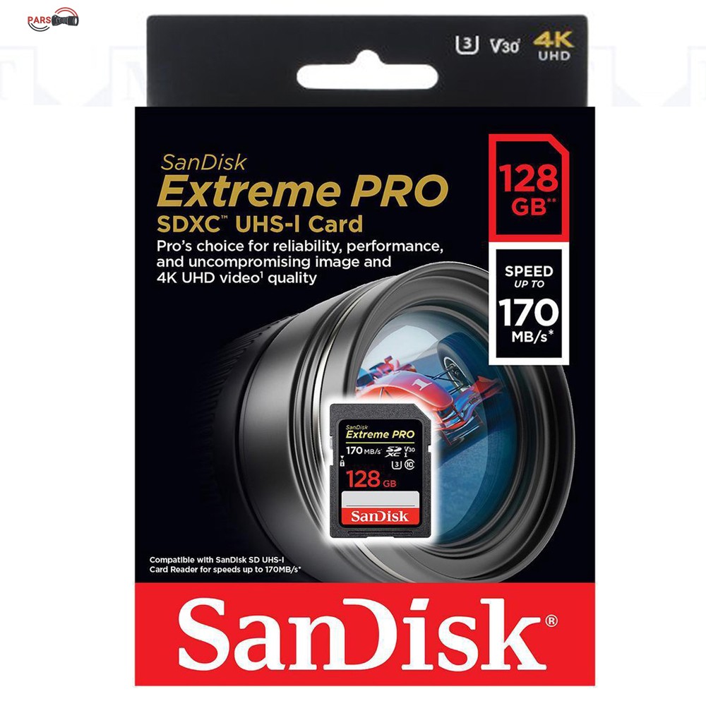 کارت حافظه SDXC سن دیسک مدل Extreme Pro V30 کلاس 10 استاندارد UHS-I U3 سرعت 170mbps ظرفیت 128 گیگابایت